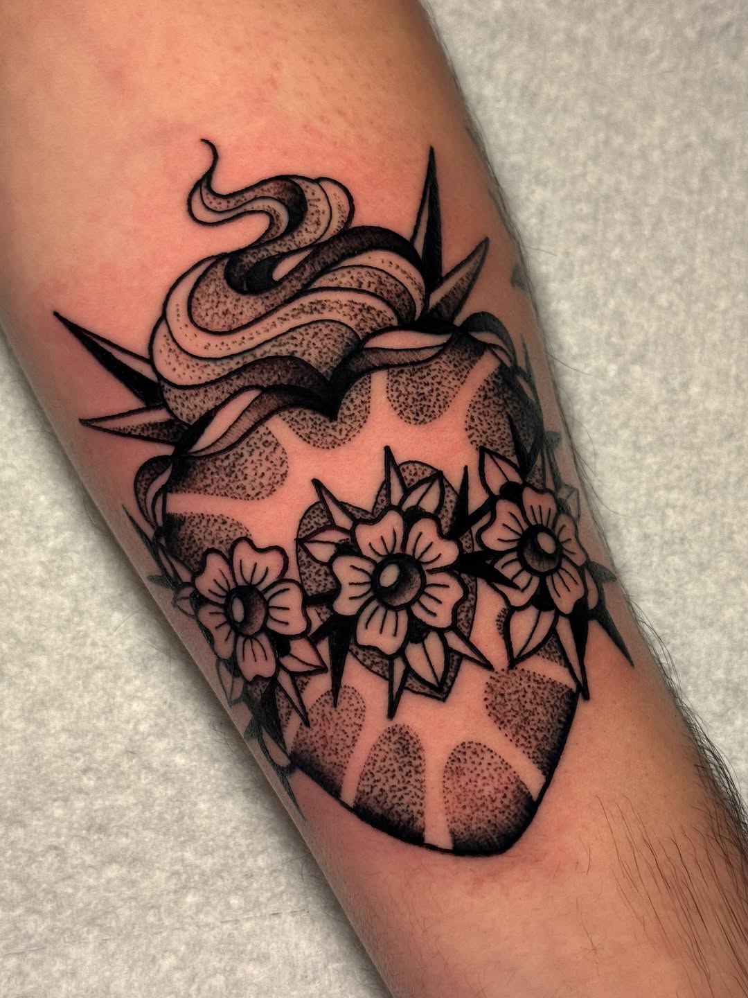 SACRED STRAWBERRY 
- From my pre-drawn stash of designs! Originally planned to do this in color but so happy we did this as blackwork! Would love to d