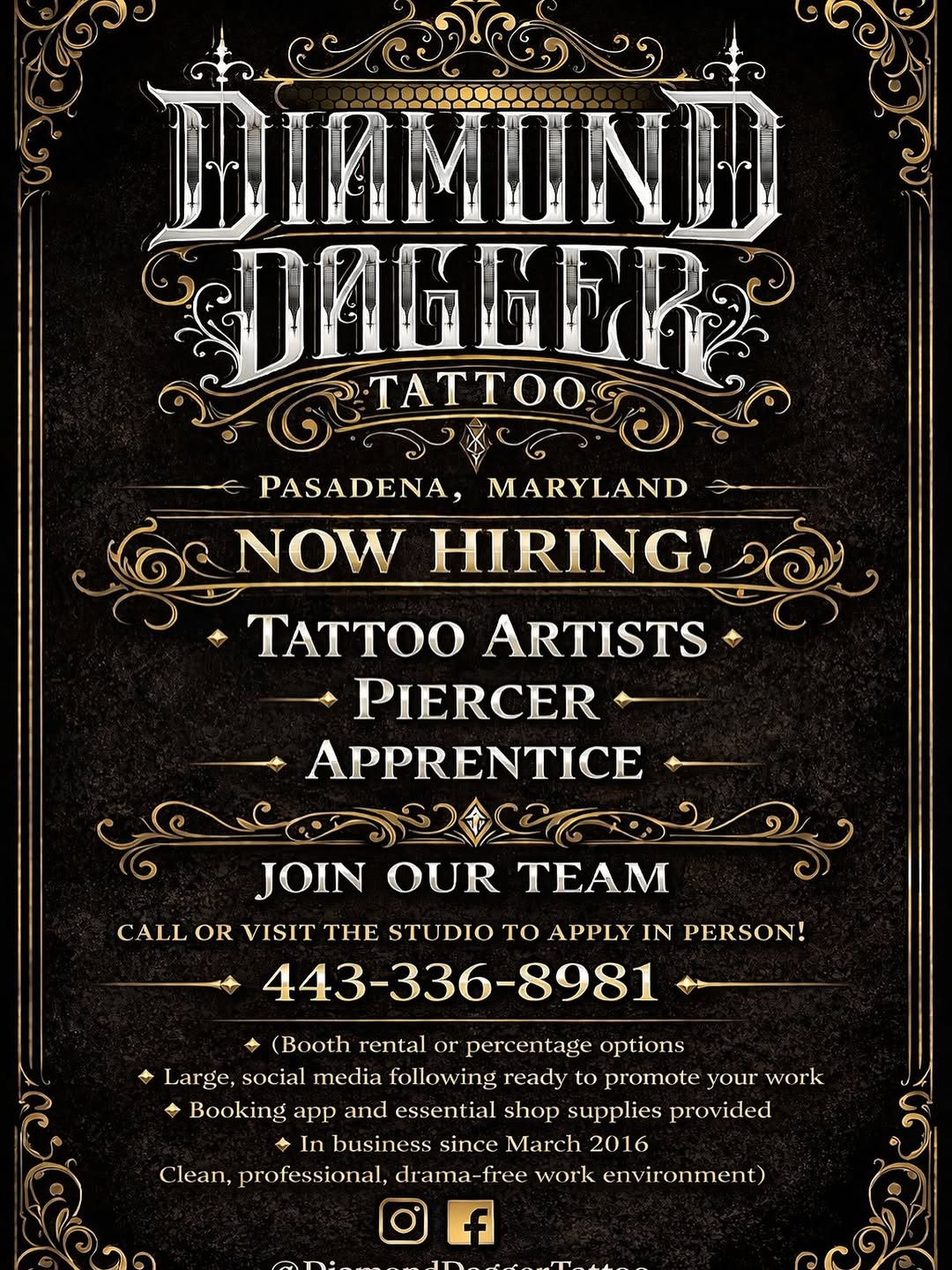 Come join the team at @diamond_dagger_tattoo  @jadefulton09  @brandon_hagy_tattoos  @mike.dolch  @tattoosbypetey @codyutattoo @inksta_boy_dd  @vanilla
