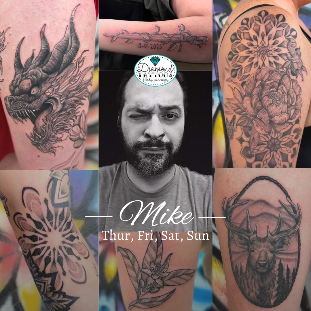 Stop in the shop with your next tattoo idea and see Mike on Thursday, Friday, Saturday, and Sundays!

Diamond Tattoos & Body Piercings
16810 Hwy 441 S
