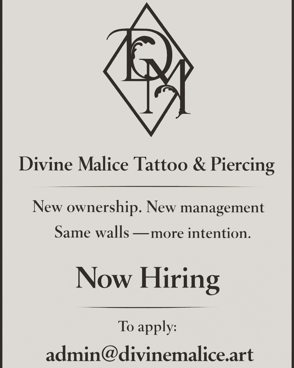 Divine Malice Tattoo & Piercing is stepping into a new era under new ownership and management.

We’re opening space for established, experienced profe