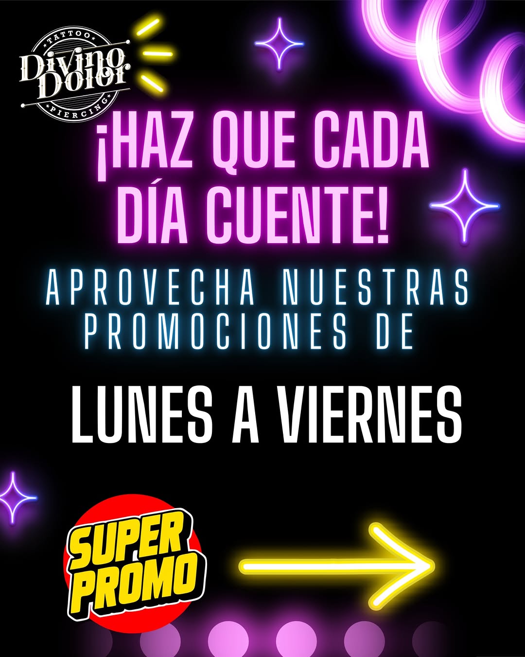Haz que cada día valga la pena y date el gusto en #DivinoDolorTattooPiercing 
De lunes a viernes tenemos promos que te van a encantar 

 LUNES de pier