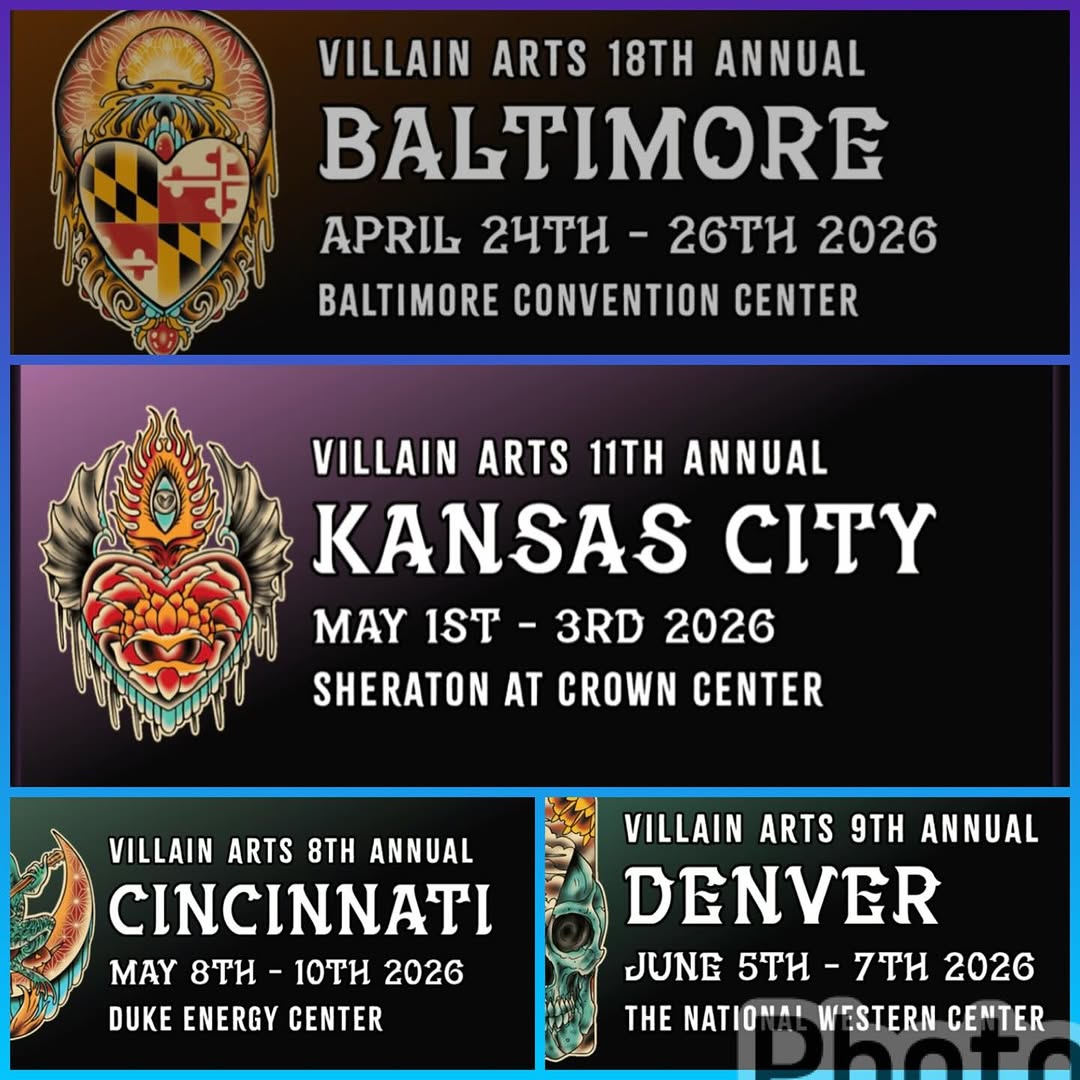 Upcoming tour schedule for @villainarts tattoo festivals
Walkups every day ,if you want something custom drawn up for the show shoot me a dm and we ca