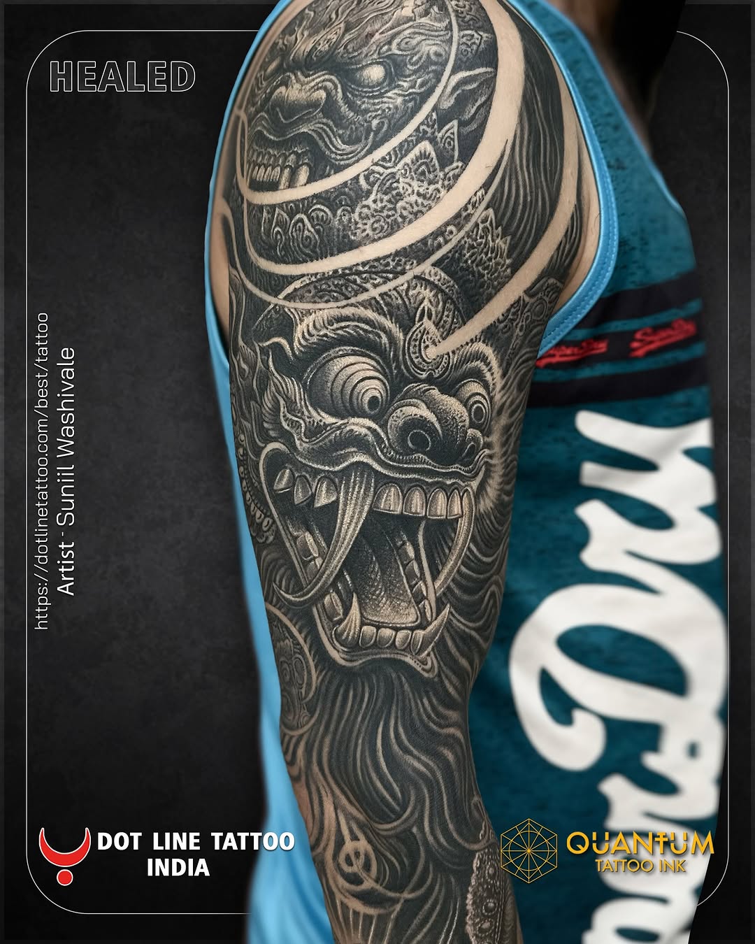  Kirtimukh & Kali Mata Full Sleeve Tattoo 
This healed masterpiece blends the fierce protective energy of Kirtimukh with the divine power of Maa Kali.