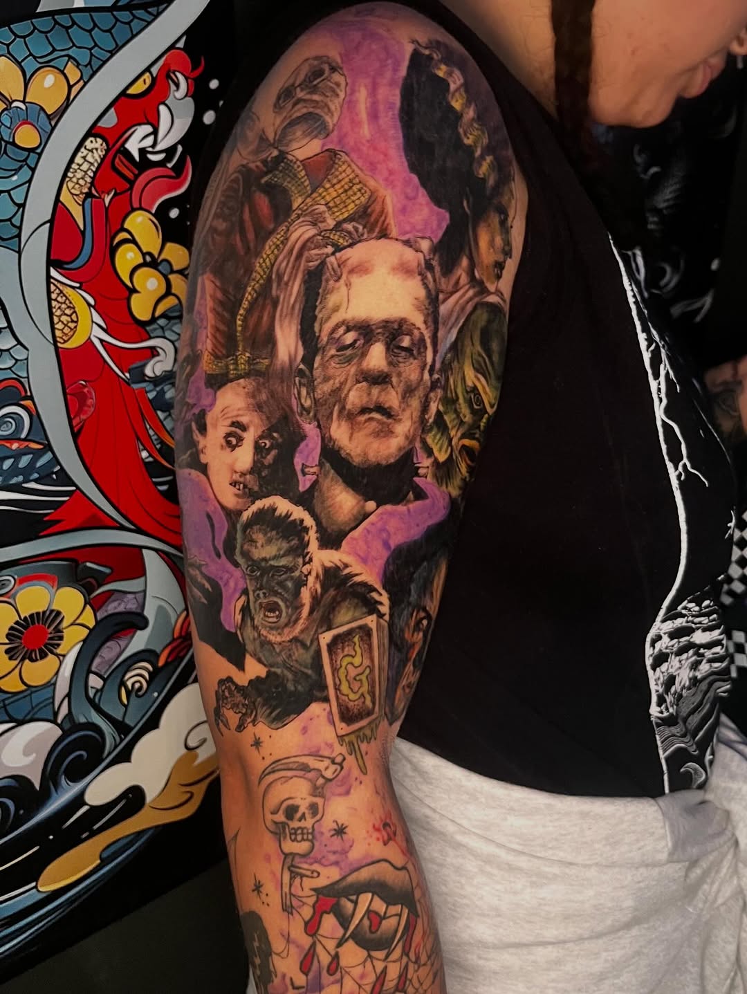 3 days of labor, love and tears went into this tattoo. We got the CLASSICS of horror. Frankenstein, Dracula, the creature of the black lagoon and more
