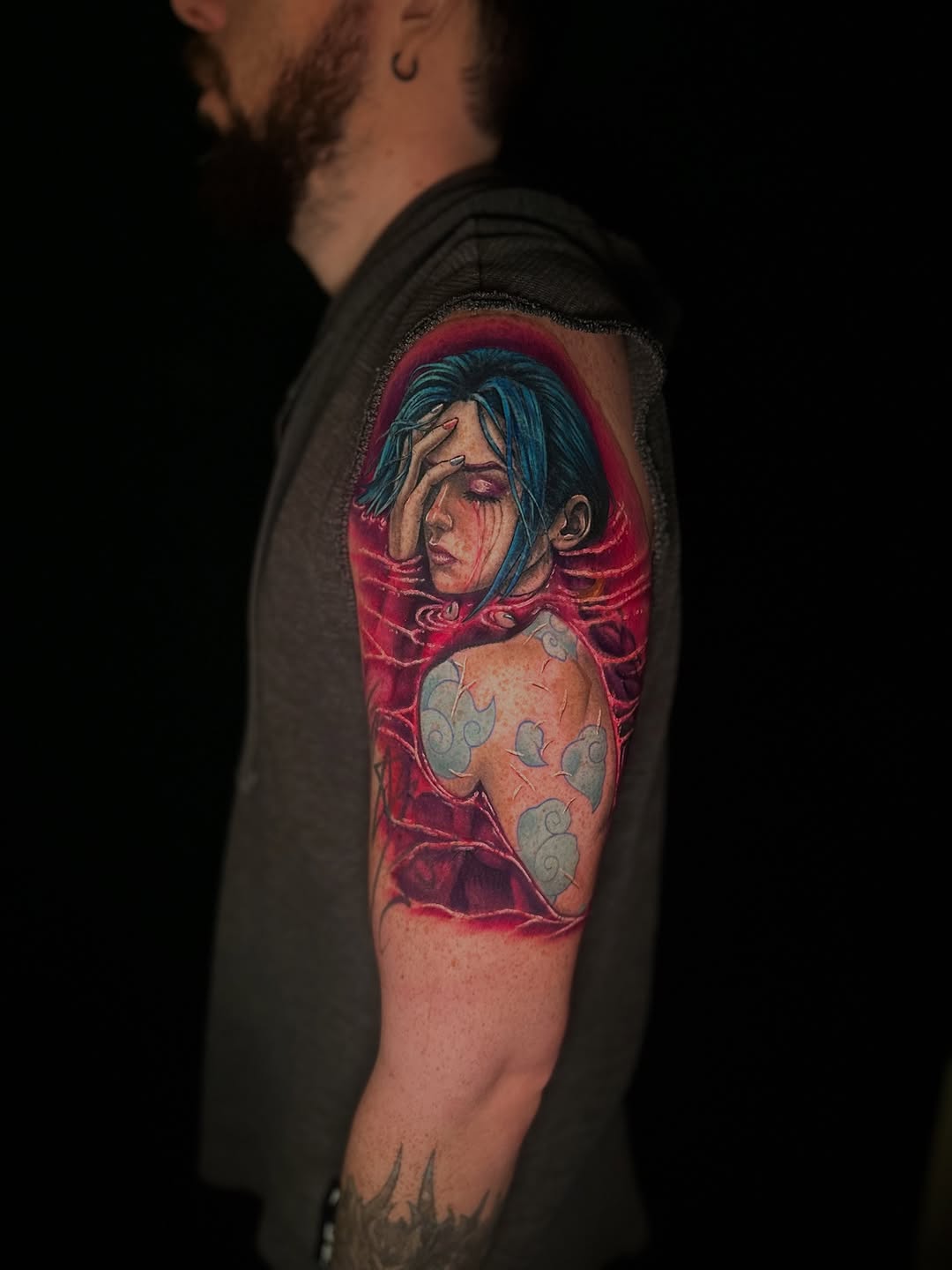 Jinx! 
Based on a design my client drew themselves (because he’s amazingly talented!)
Mostly healed, did the pink/purple water and scars today. 
Thank