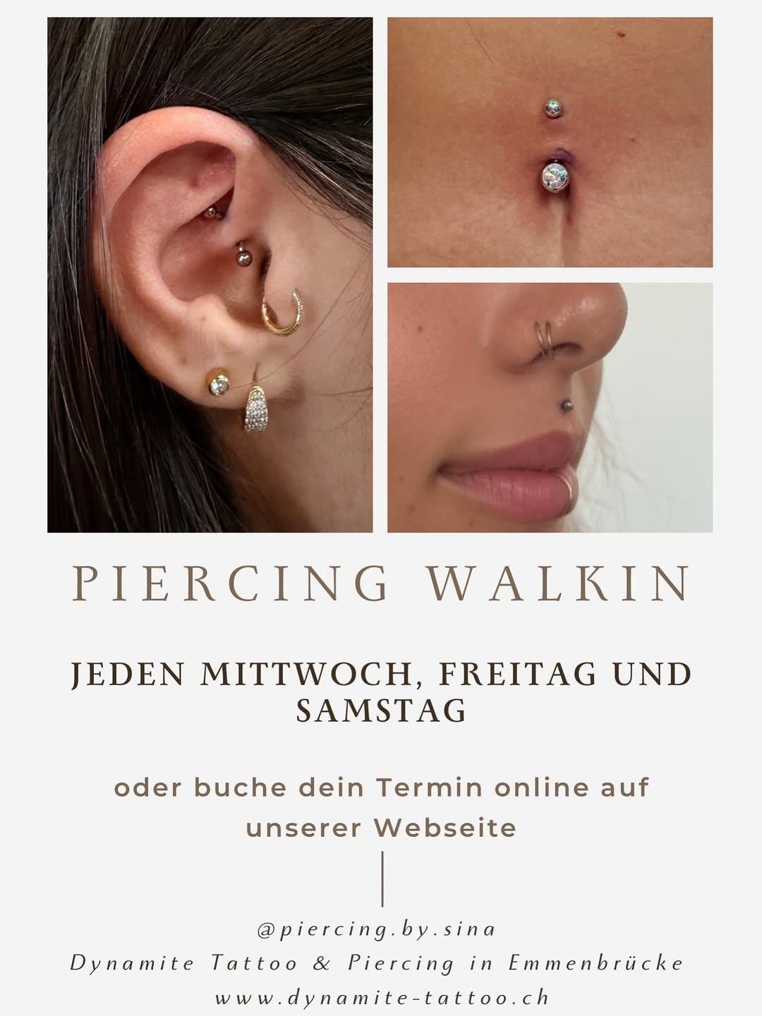 PIERCING WALK-IN ✨
Mittwoch, Freitag & Samstag für euch da

Ob Ohr, Nase oder Bauchnabel –
komm spontan vorbei oder buche deinen Termin online 

 Dyna