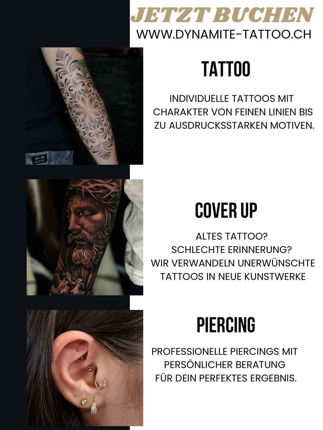✨ Deine Idee. Unsere Kunst. ✨
Individuelle Tattoos, professionelle Cover-ups und Piercings mit persönlicher Beratung.
Von feinen Linien bis zu ausdruc