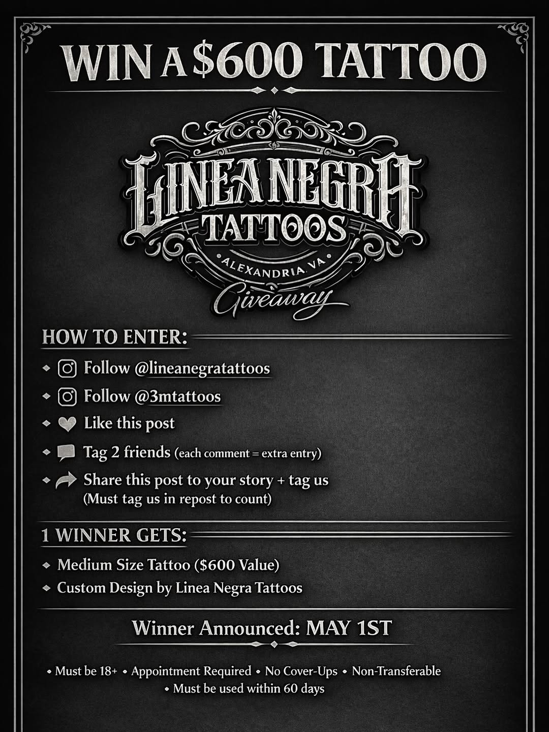 Win a $600 tattoo 
We’re doing a giveaway at Línea Negra Tattoos.

- Follow @lineanegratattoos & @3mtattoos 
- Tag 2 friends in the comments
- Share &