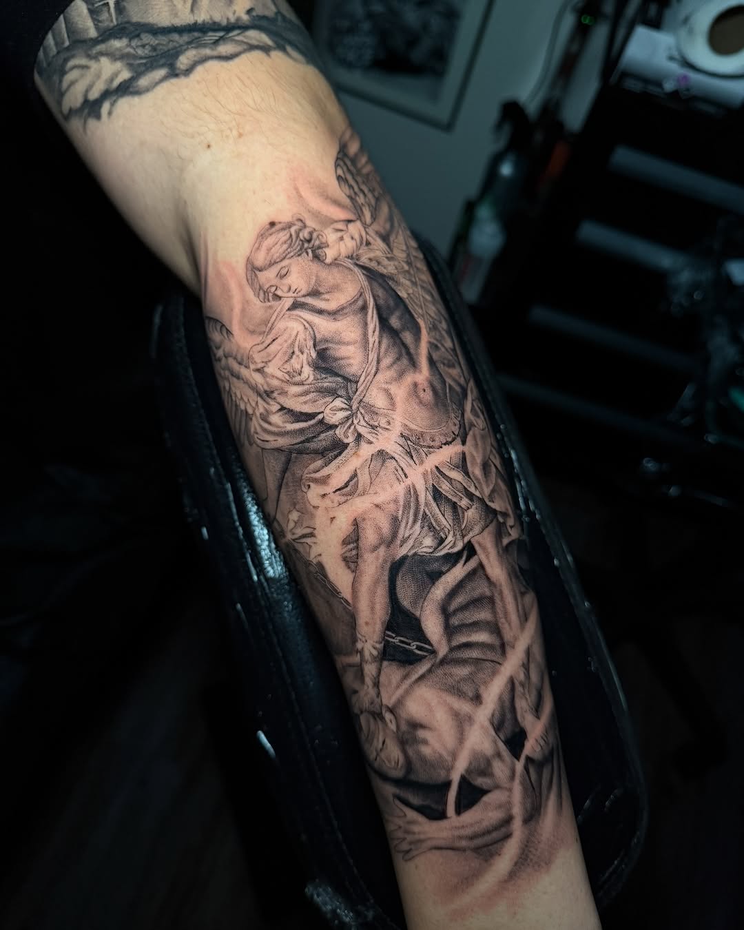 Saint Michael the archangel 
Made in Northridge 
Text (818)207-0421 to book an appointment 
•
•
•
•
•
•
#northridge #northridgetattoo #saintmichael #s