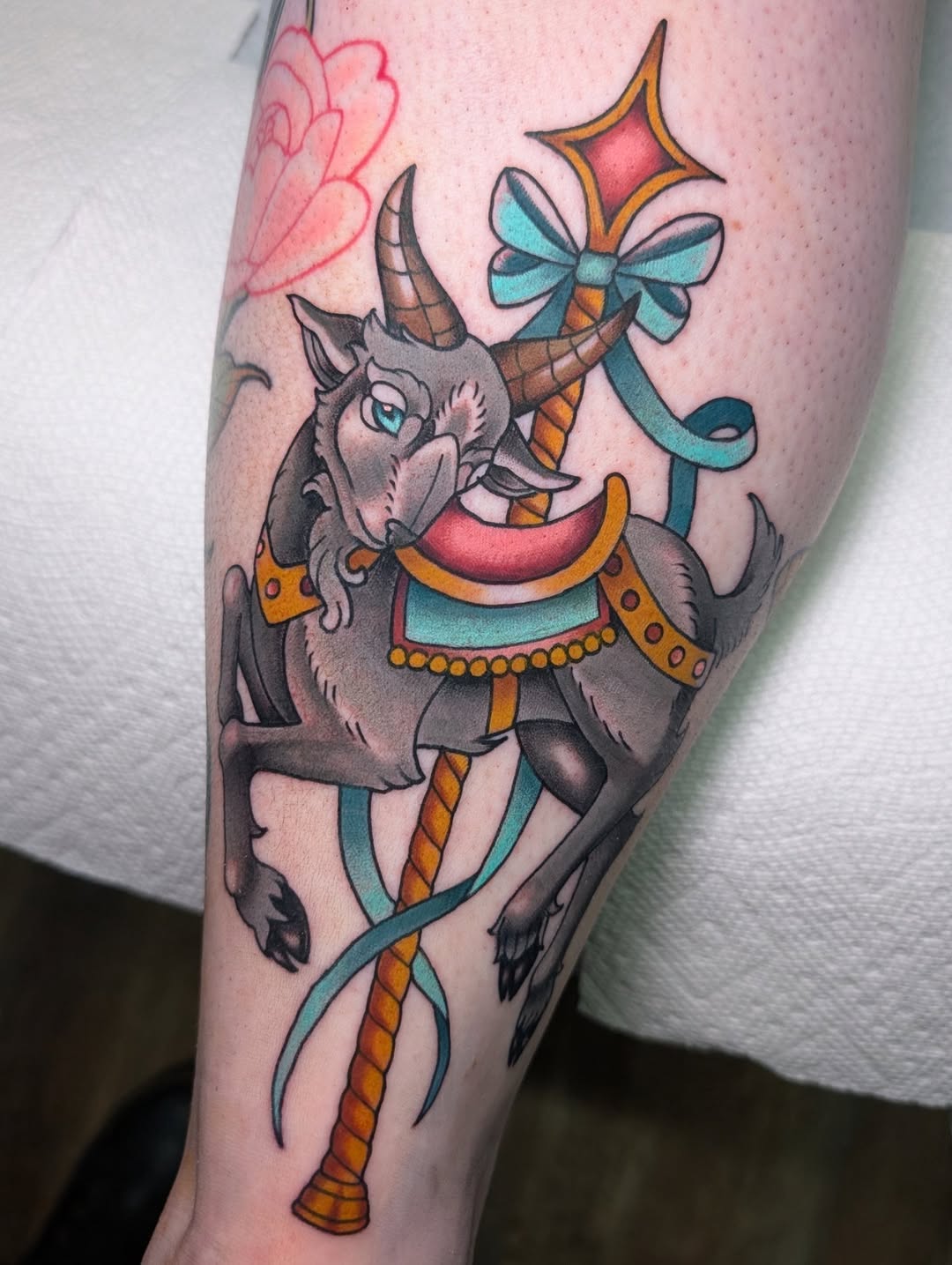 Honored to tattoo my carousel goat on @ubiquitous.mortem  go check out her page if ya like bugs, bones and flowers 