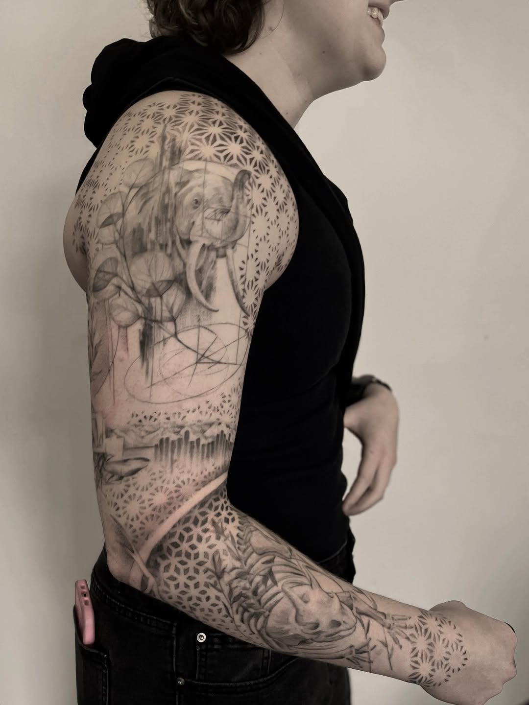 Averie’s finished sleeve! One of my new favorites ❤️ she gave me creative freedom on the whole thing, piece-by-piece, because she’s rad.  Elephant is 