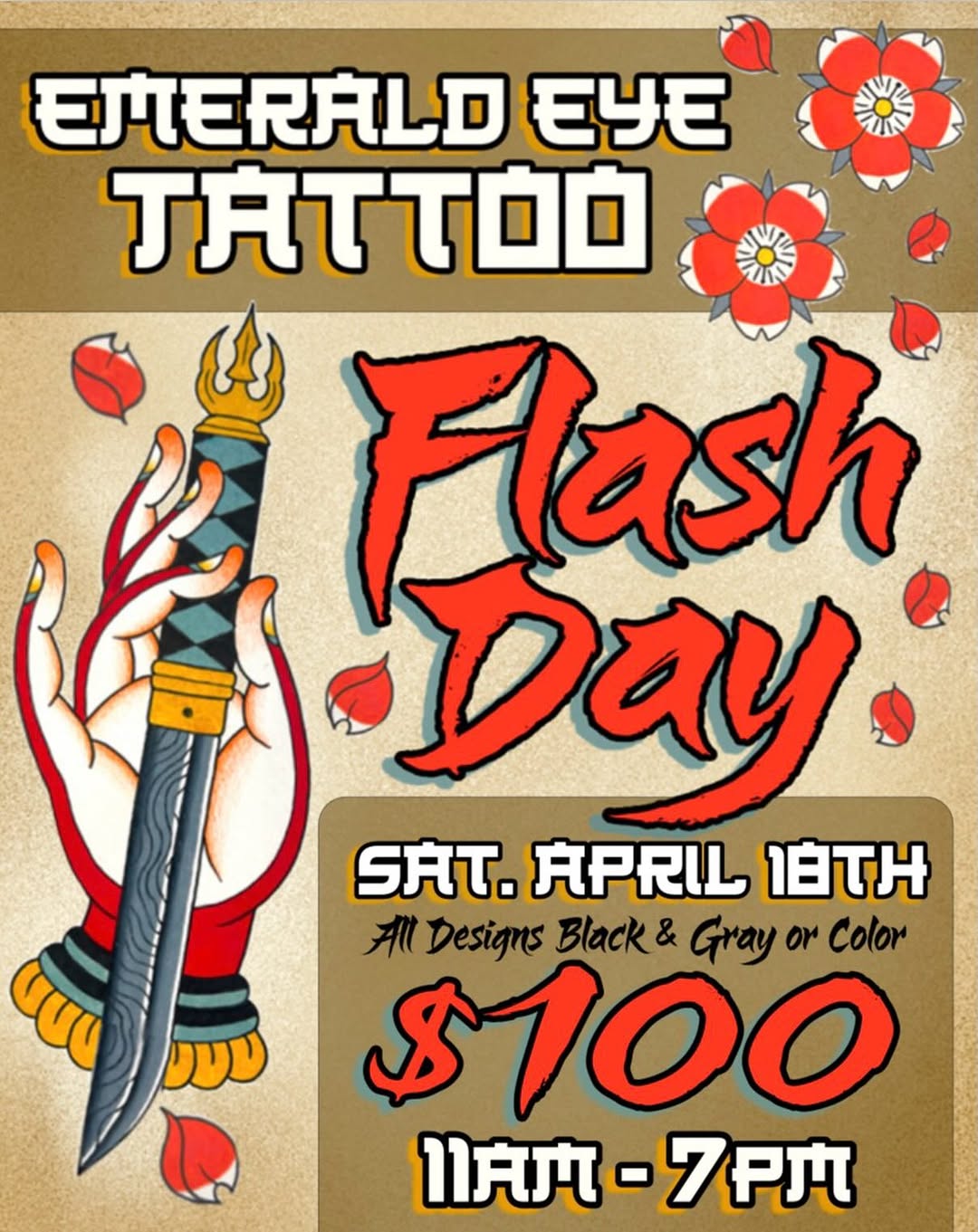 ‼️ FLASH DAY!!! ‼️ Saturday, April 18th, 11am-7pm. First come first served. All designs $100 black and gray or color. Arms and legs only. No limit, co