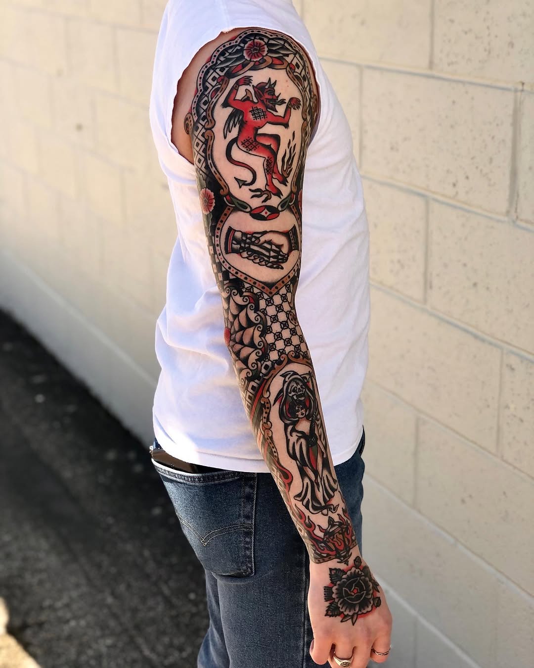 One of my favorite tattoo experiences to date, making this “Memento Mori” framed sleeve for Dylan! Thank you for the trust and for coming back in to g