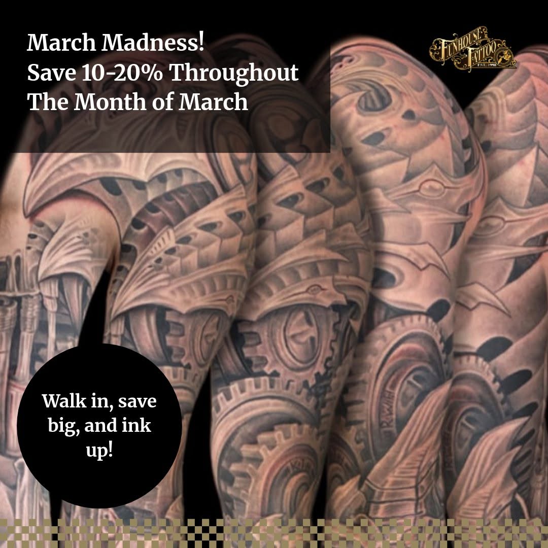 March is ink month at Funhouse Tattoo!
	•	10% OFF individual tattoos ($200+ each)
	•	15% OFF each when you bring a friend ($200+ per tattoo)
	•	20% OF