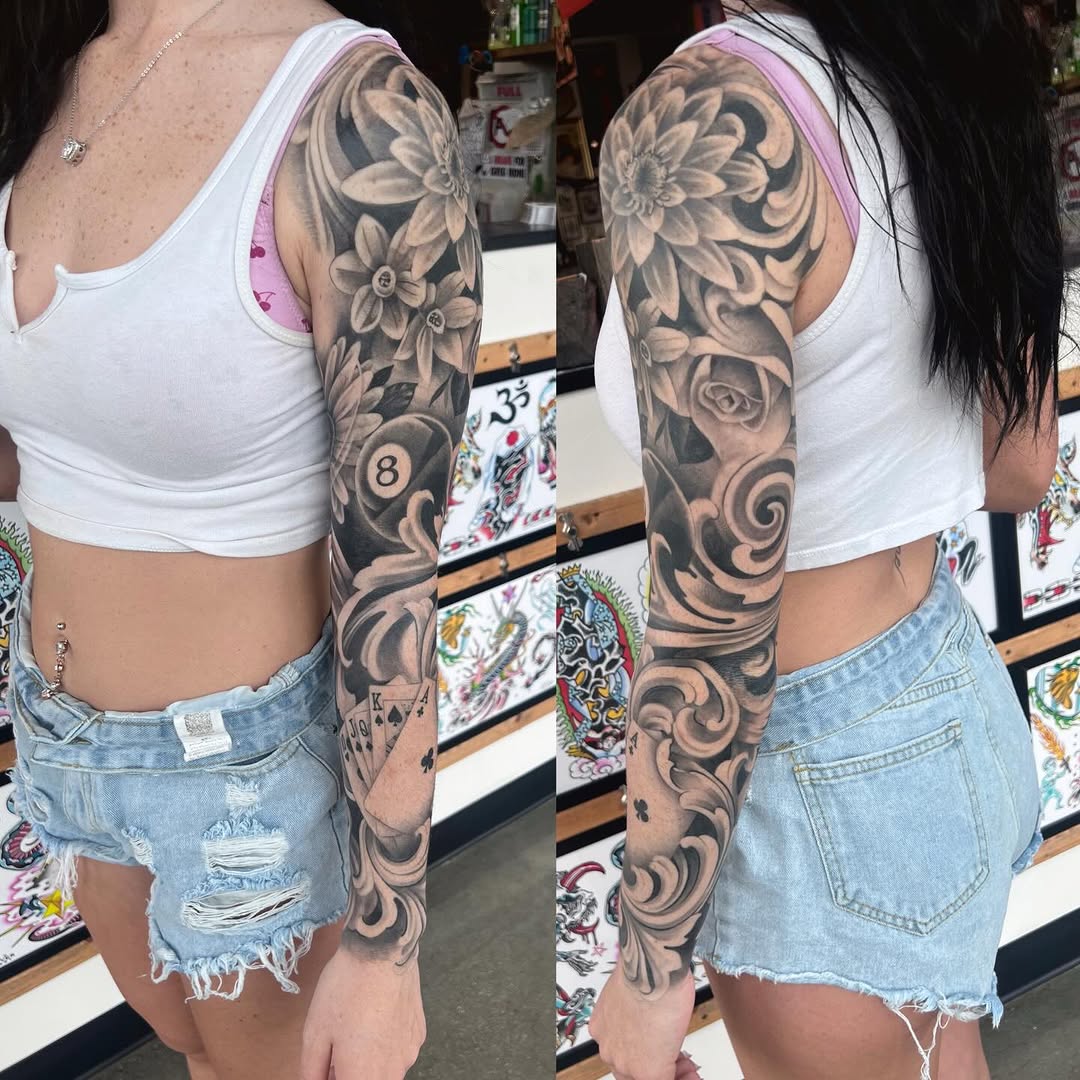 Fun full sleeve we finished up last week on my amiga @remy.lee24  thank you for the trust and commitment. Done here at @burnsidetattoomd