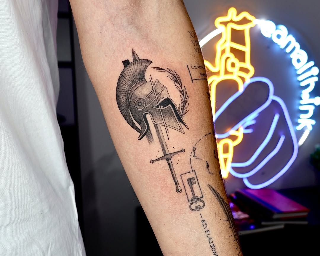 Honor y disciplina ️ Un tatuaje que rinde homenaje a la fuerza interior y la victoria personal. La combinación del casco, la espada y el laurel simbol