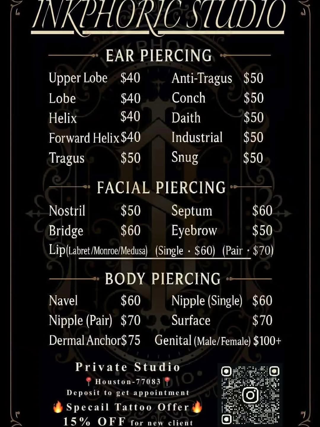 - Peircing -

WELCOME 2026

✨ Appointments Available ✨
INKPHORIC_STUDIO

 Houston, Texas 77083
☎️ 832-820-2114 | 281-975-9237
 DM us @inkphoric_studio