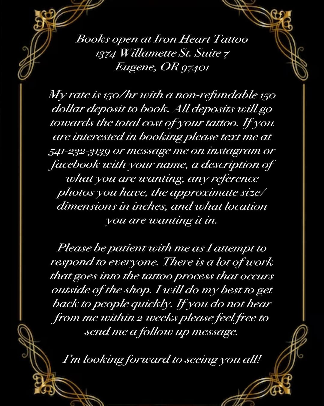 Hello all, my rates will be increasing from 100 to 150/hr this month to make up for rent and supply expense increases. Any appointments that are alrea