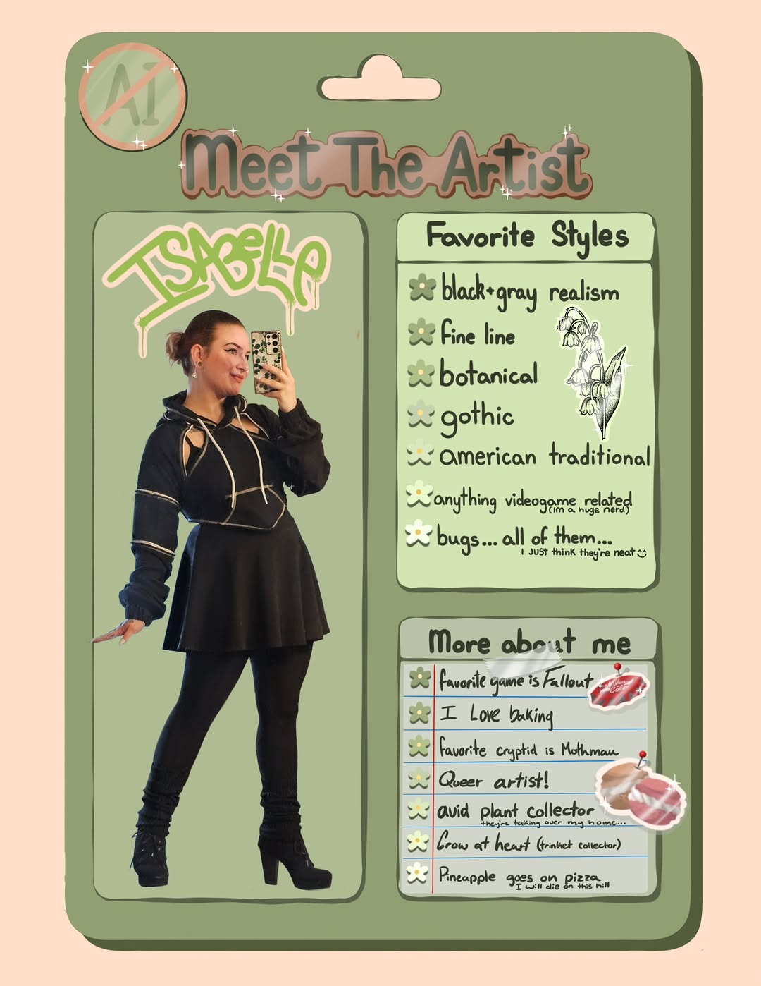 Meet the artist!

Hello everyone, my name is Isabelle and I have been a tattoo artist since 2021. Specializing in fine line, color, and starting to ge