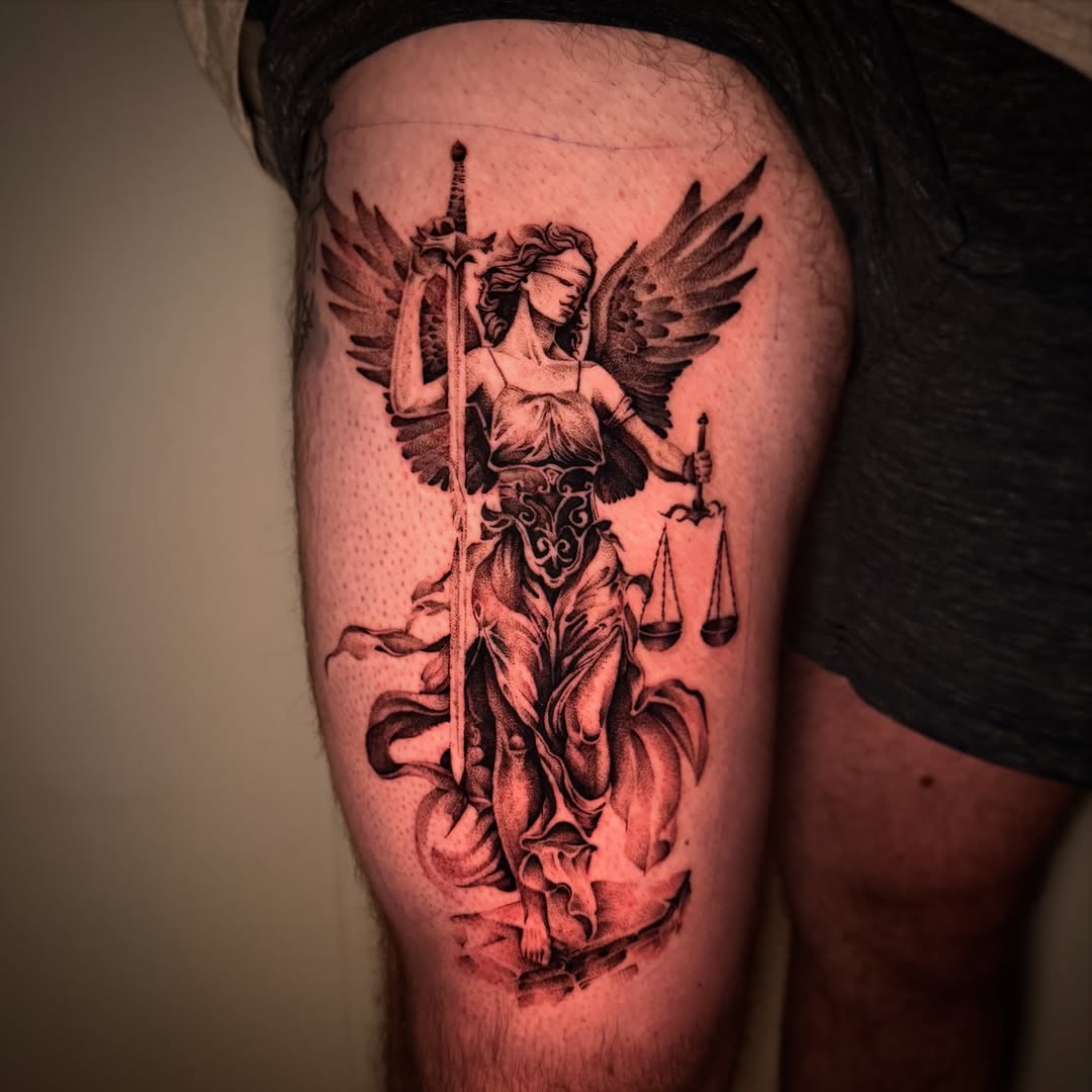 Serving justice today!⚖️

#ladyjustice #blackandgreytattoos #legtattoo #tattooartists #tattoos