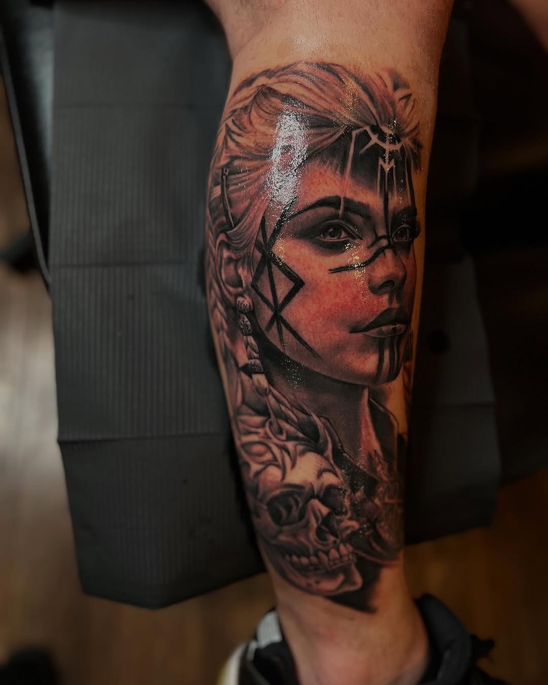 Shield maiden on my boy @siloboy10 to start his Viking leg sleeve. Super stoked how this came out definitely want to do more large scale this year!!!