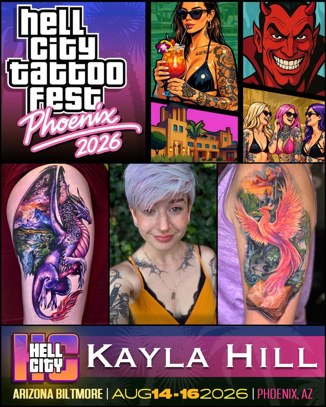 Kayla Hill: @artifexinks
Lucky Bunny: @luckybunnytattoo
Hell City Phoenix: @hell_city
August 14th-16th: @arizonabiltmore

BOOK YOUR ROOMS BEFORE THEY 