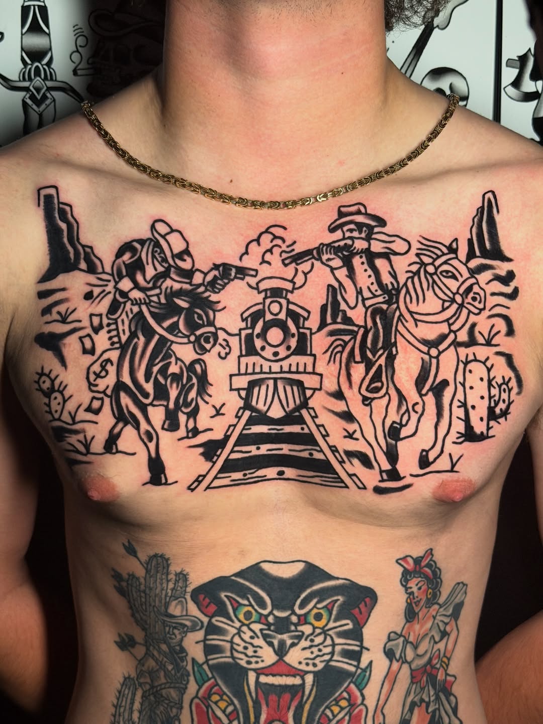 Good start on this western shoot-out chest
Color coming next month
☎️DM TO BOOK☎️

Located at the one and ONLY 
@happydazetattooaz 
@happydazetattooaz