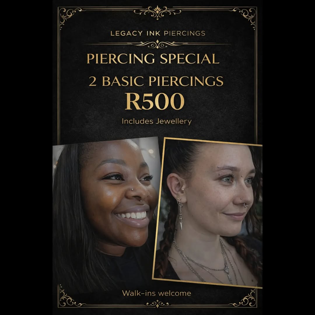  AUTUMN PIERCING SPECIAL 

✨ 2 Piercings for R500 (including standard jewelry)

At Legacy Ink, we hold ourselves to the highest standards of hygiene a