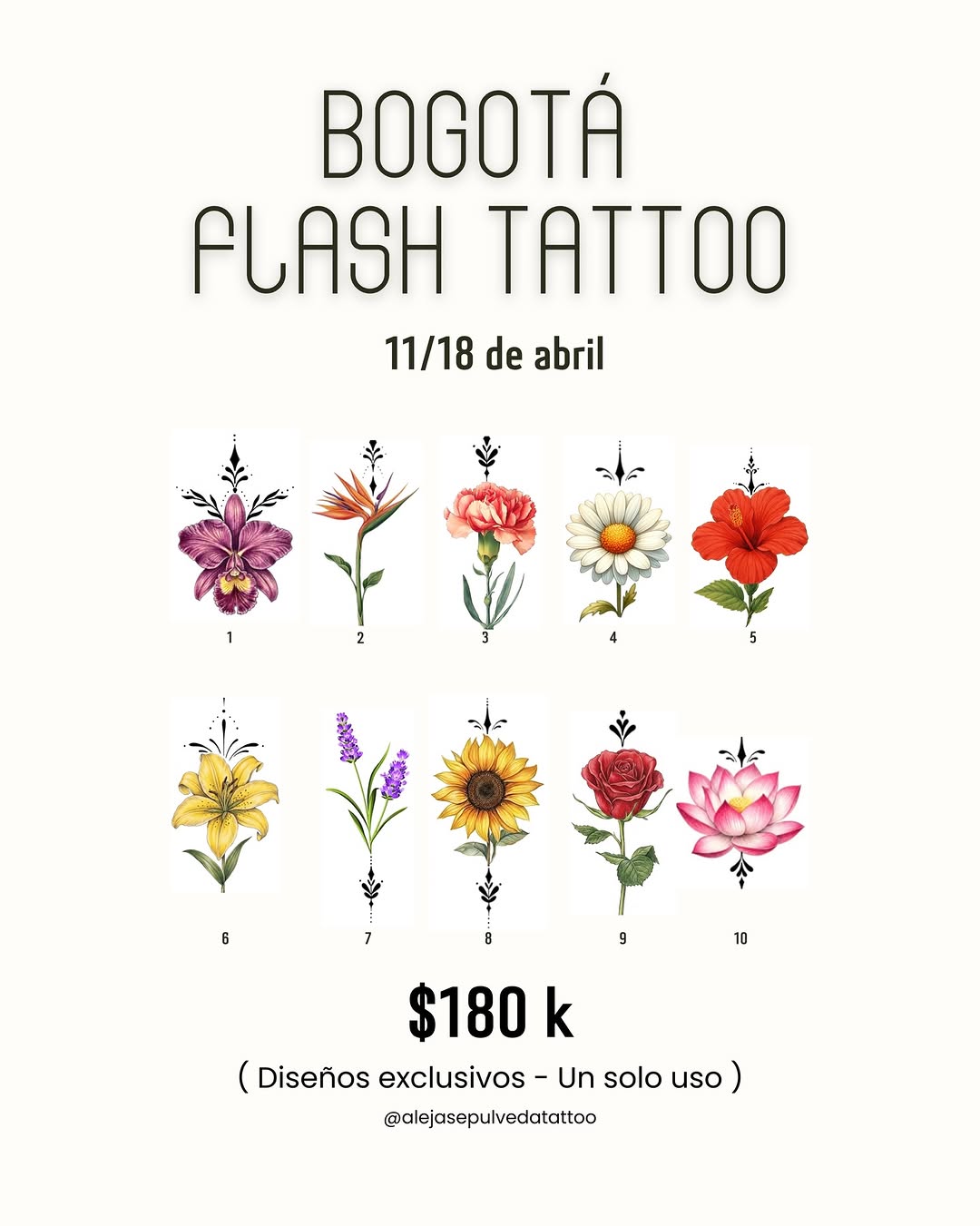  ¡BOGOTÁ, ÚLTIMOS CUPOS DISPONIBLES! 
Del 11 al 18 de abril, estaré tatuando en la capital  esta colección exclusiva de 10 flores en @soul_raven_tatto