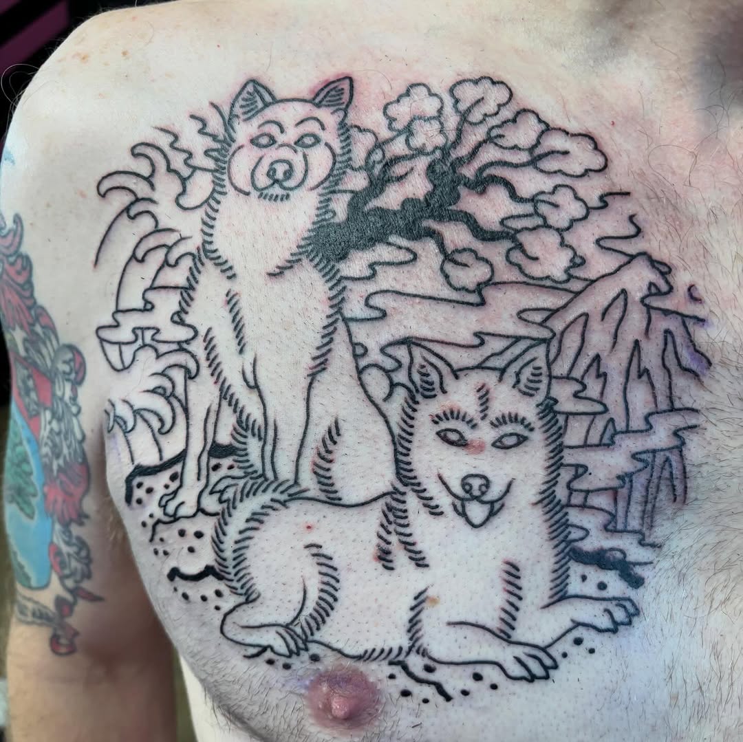 Started this tribute piece for my friend Brent last week. Featured his dogs & Japanese style background to frame it all. Thanks brotha!
.
Booking info