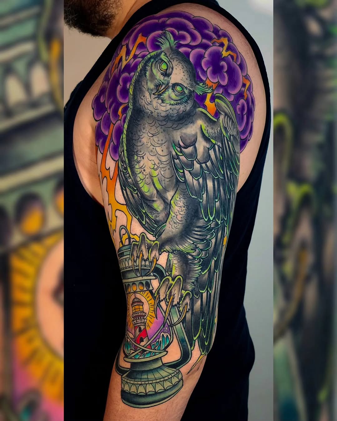 Owl cover-up for my client Tim! Also a reminder still love to do color ♡ Everything is fully healed except a fresh touchup on the clouds. Swipe to the