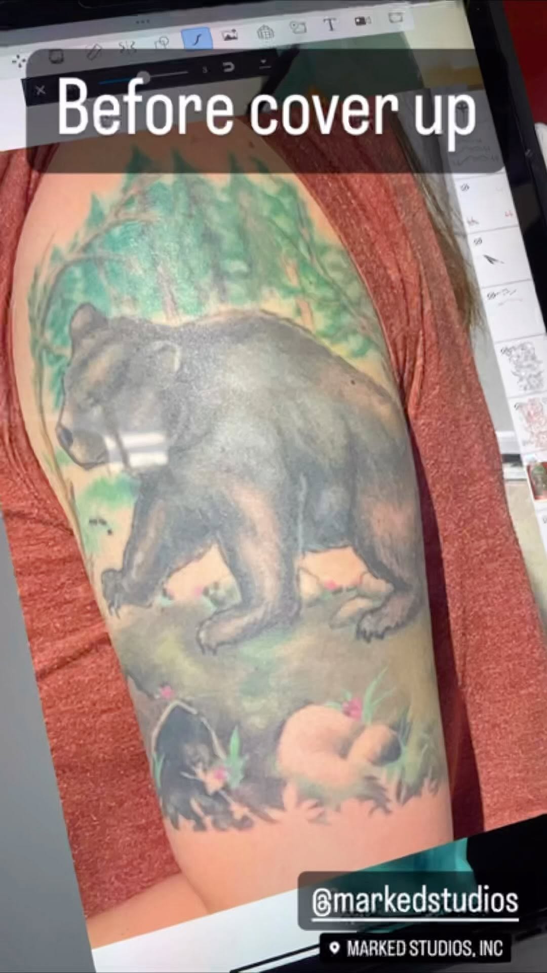I couldn’t be more elated about this #coverup ! 1 session, 5.5 hours #markedstudios @markedstudios  #coveruptattoo #bear #coverup #femaletattooartist 