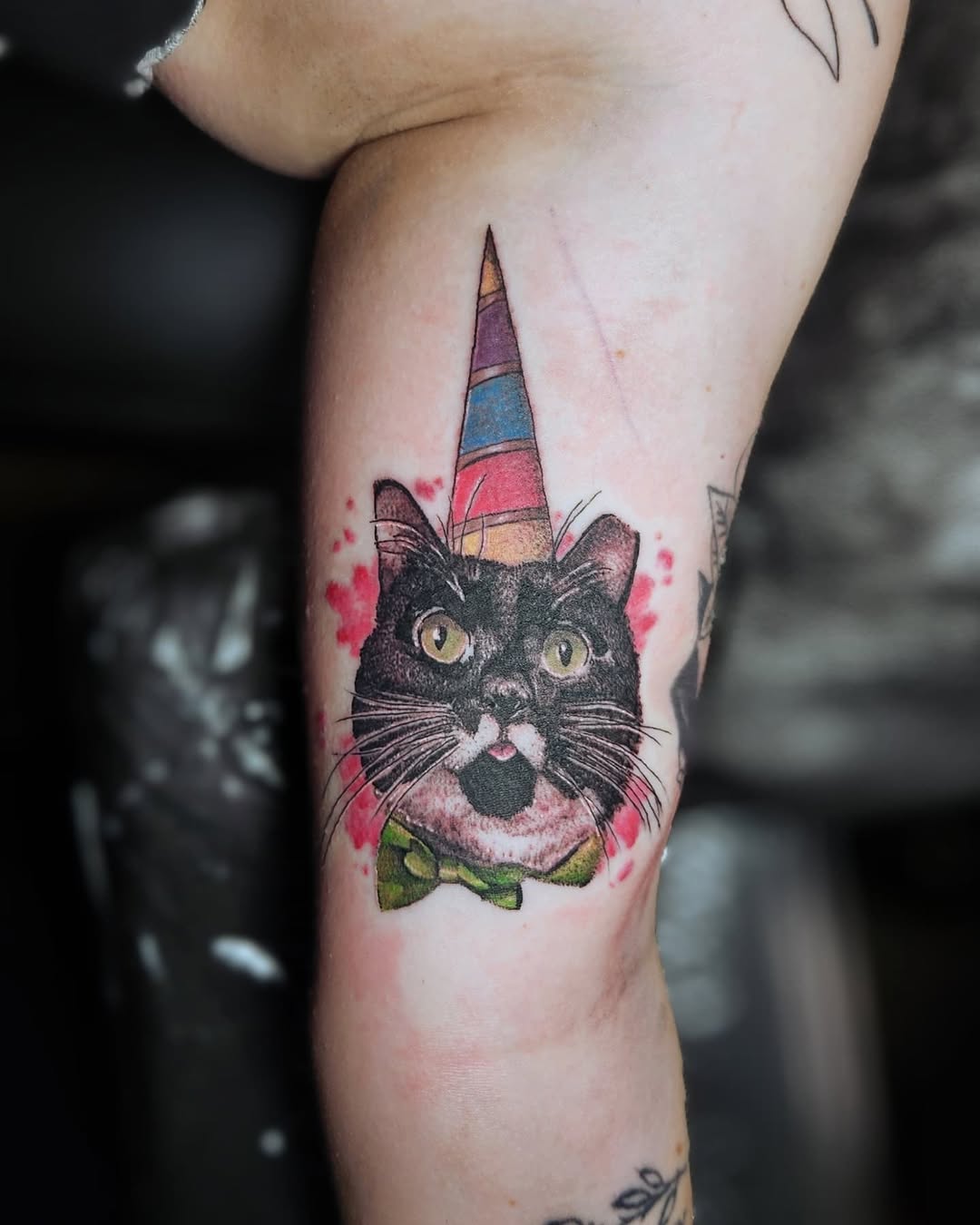 Anouther party kitty! (: 
Tat trade with @hannahmaetattoo 
(swipe to see her kitty Taki and the tats she did on me!)