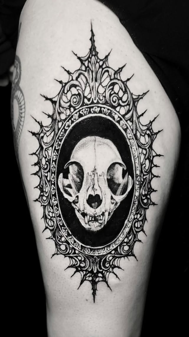 a vintage goth frame featuring a little cat skull big thanks @ksh0rty22 for the cool concept.
.
.
#goth #girlswithtattoos #cat #blackwork #tattoo