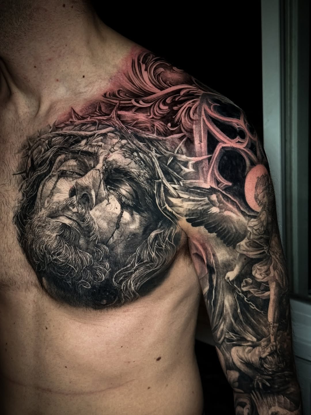 Finishing touches on this chest piece and sleeve today. Really happy with how it all came together ✝️⚔️ @mountain_tattoos