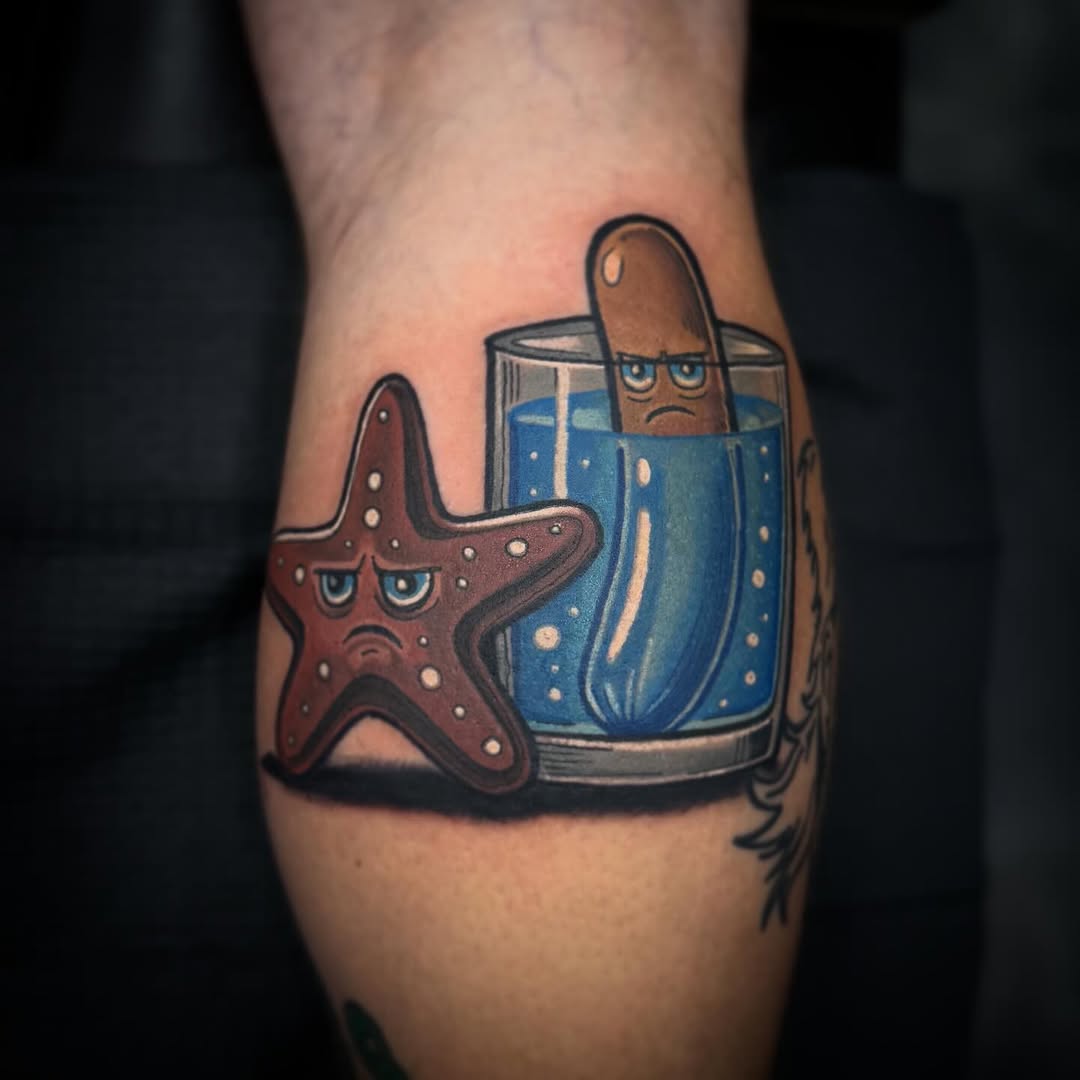 Chocolate starfish and hotdog flavored water for a tribute to @limpbizkit bassist @samriverslb done at @nowornevertattoostudio #limpbizkit #samrivers 