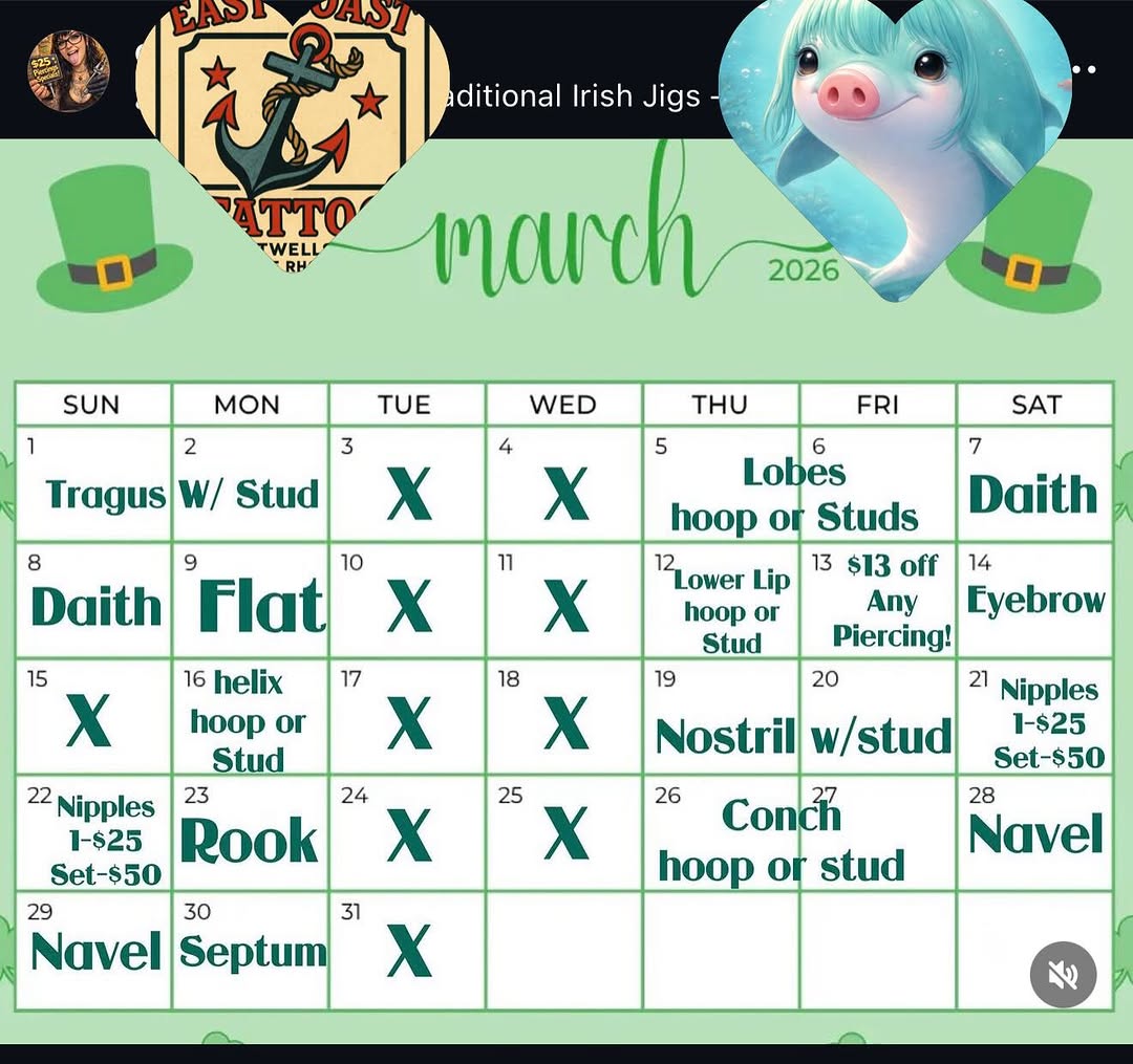  MARCH MADNESS PIERCING CALENDAR 

Jessica is running it ALL month long 

Every week in March (excluding Tuesday & Wednesday) we’re doing a $25 Pierci