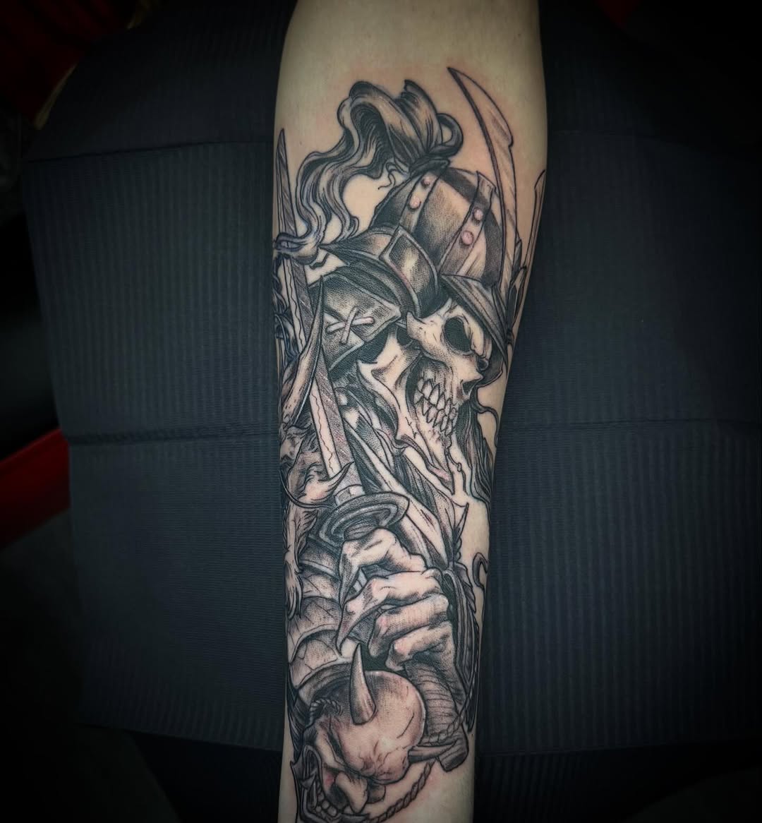 Had a blast working on this #samuraiskeleton last week. Done with #goliathneedles as always. #jmtattoos #samuraitattoo #skeletontattoo