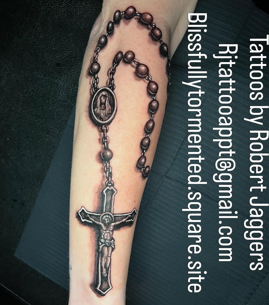 Praise be! Lil rosary on a late night sesh. 6hrs.  Booking April and May. All ideas welcome. #rosarytattoo #blackandgraytattoo