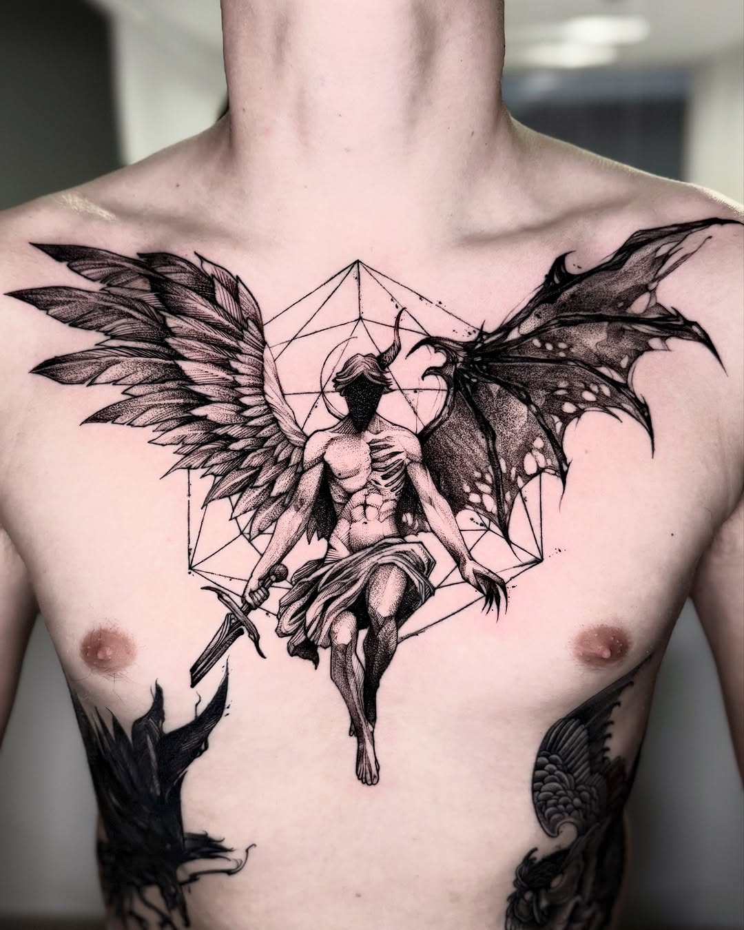 #tattoo #angel #devil #angeltattoo #deviltattoo #cultural #religion #religiontattoo #god #godtattoo #blackandwhite #goodandevil #life #death #halfange