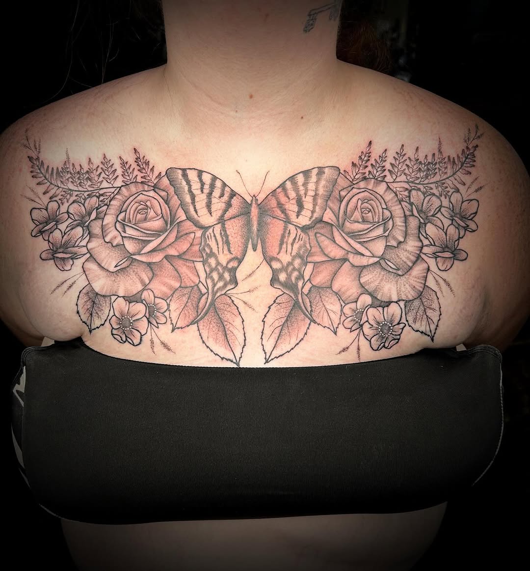 I got to finish up this stunner last week  Just in time to compliment her gorgeous wedding dress!  #chesttattoo #chestpiece #butterfly #butterflytatto