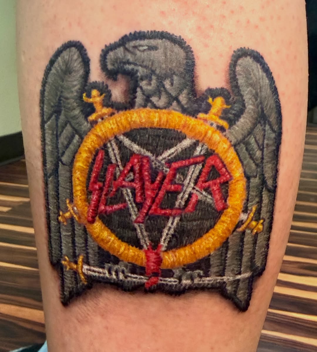 Today’s fun! Embroidered patch style @slayerbandofficial tattoo!!