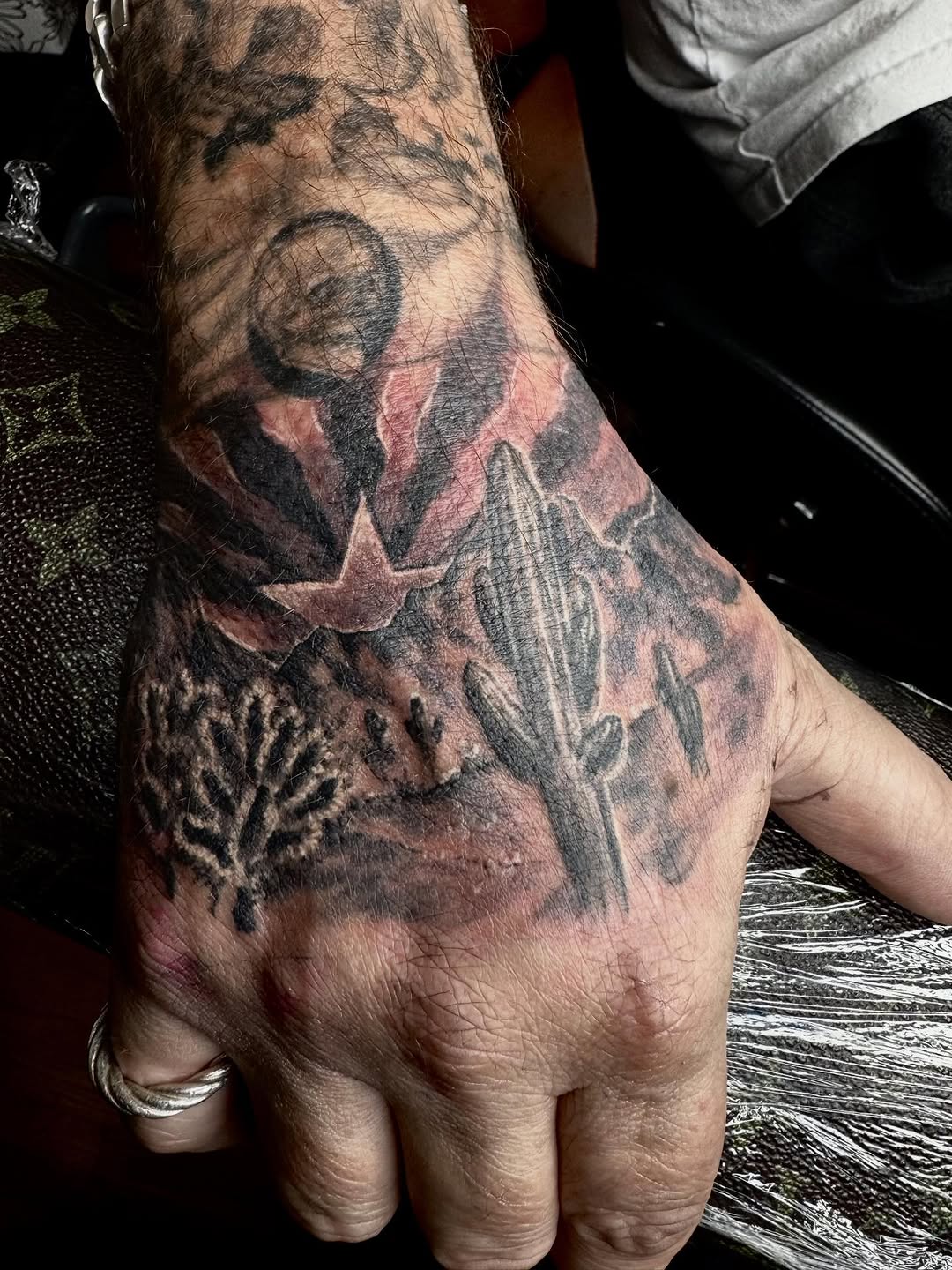 Daily Grind: Made an Arizona Landscape and a Patriotic piece on either of my homie Zack’s hands the other day.  Thanks for looking!!#dregarcia #stateo