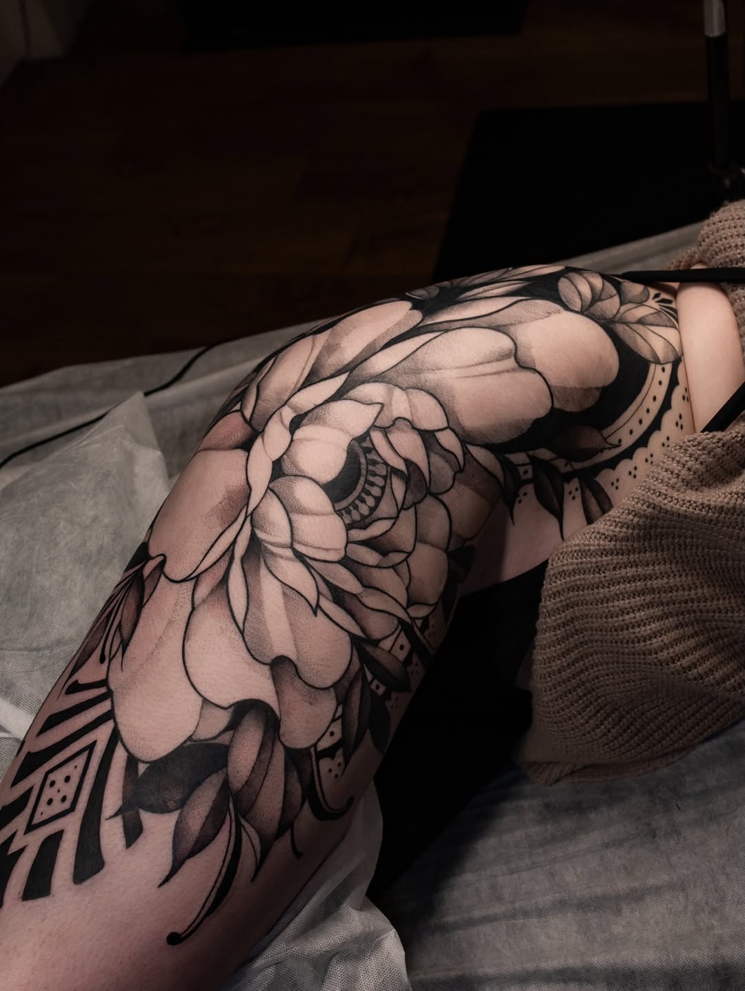 Side one complete ! So excited to start the other side she also wants to eventually do the whole leg so I drew on her to show her what that could pot