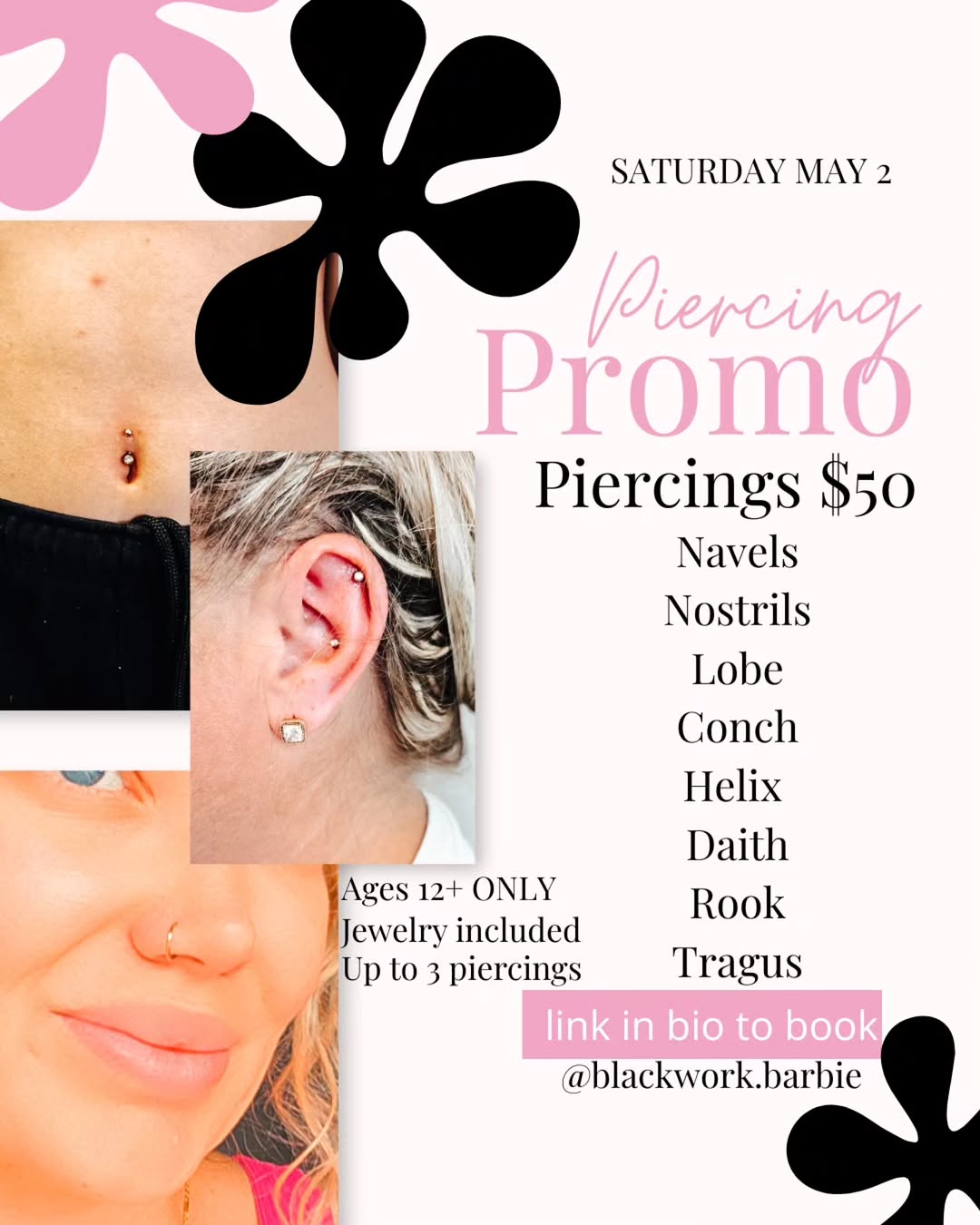 ⚡️ PIERCING DAY — LIMITED SPOTS - SATURDAY MAY 2 4-9PM⚡️

We just opened a special piercing event, and spots are already limited. This may be the last