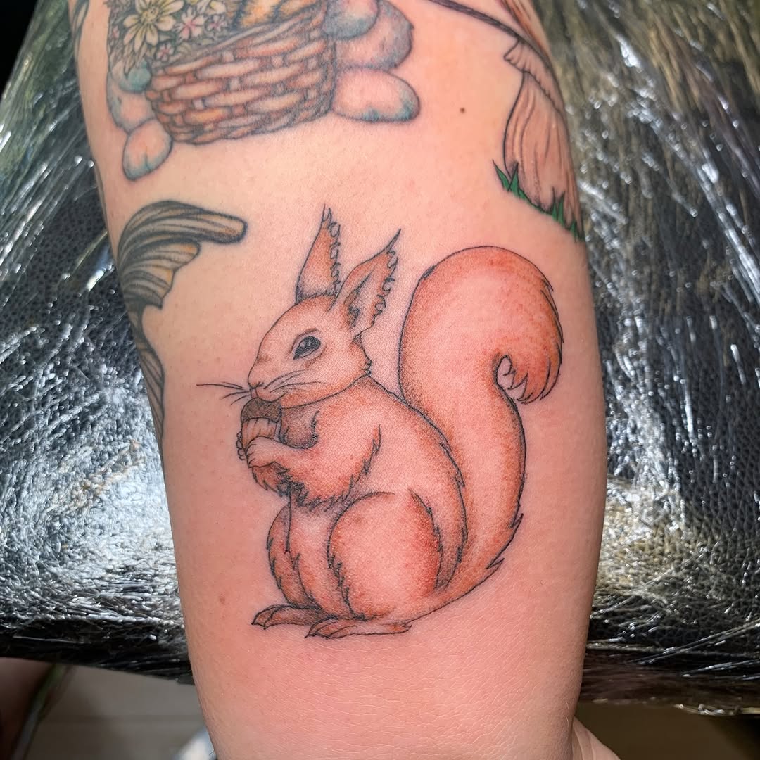 Adorable little Squirl 

Added to sleeve in progress, bunny, mushroom & fish ✨

By @inkbecomesyou 

 Location: 500 Main Street, Chico, CA

 Hours: Wed