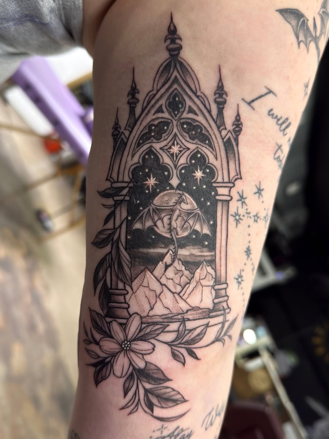 Another sitting for returning client Deidre, with an addition to her fantasy/book reference sleeve. If you are interested in a black & grey design, pl