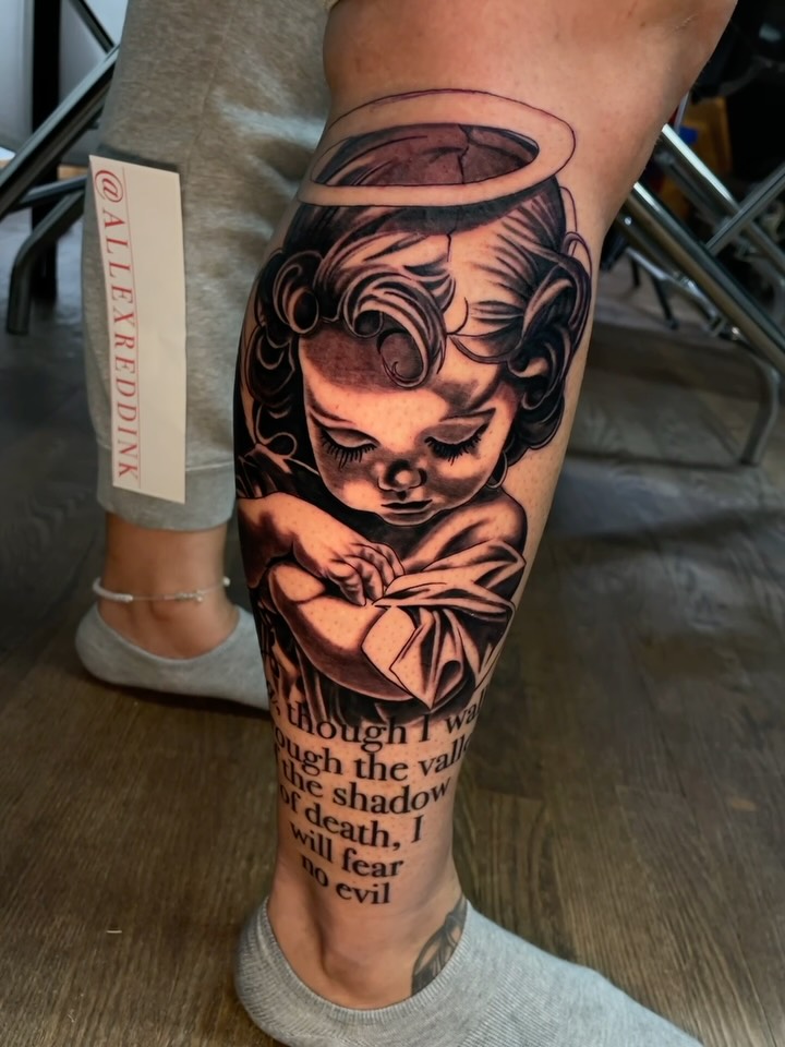 G U A R D I A N  C H E R U B
Did this guardian angel tattoo with a part of the 23rd psalm for a client starting a leg sleeve based around the verse ca