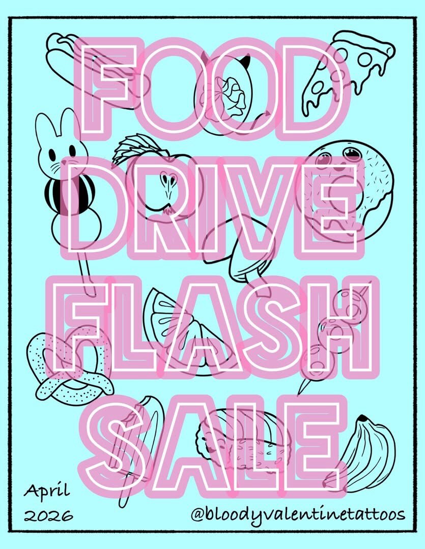 Here’s my flash for the sale we’re doing with our food drive! Hope to see you there 
.
April 27th From 11-4pm
Tattoos will be $50-$70
Clients must bri
