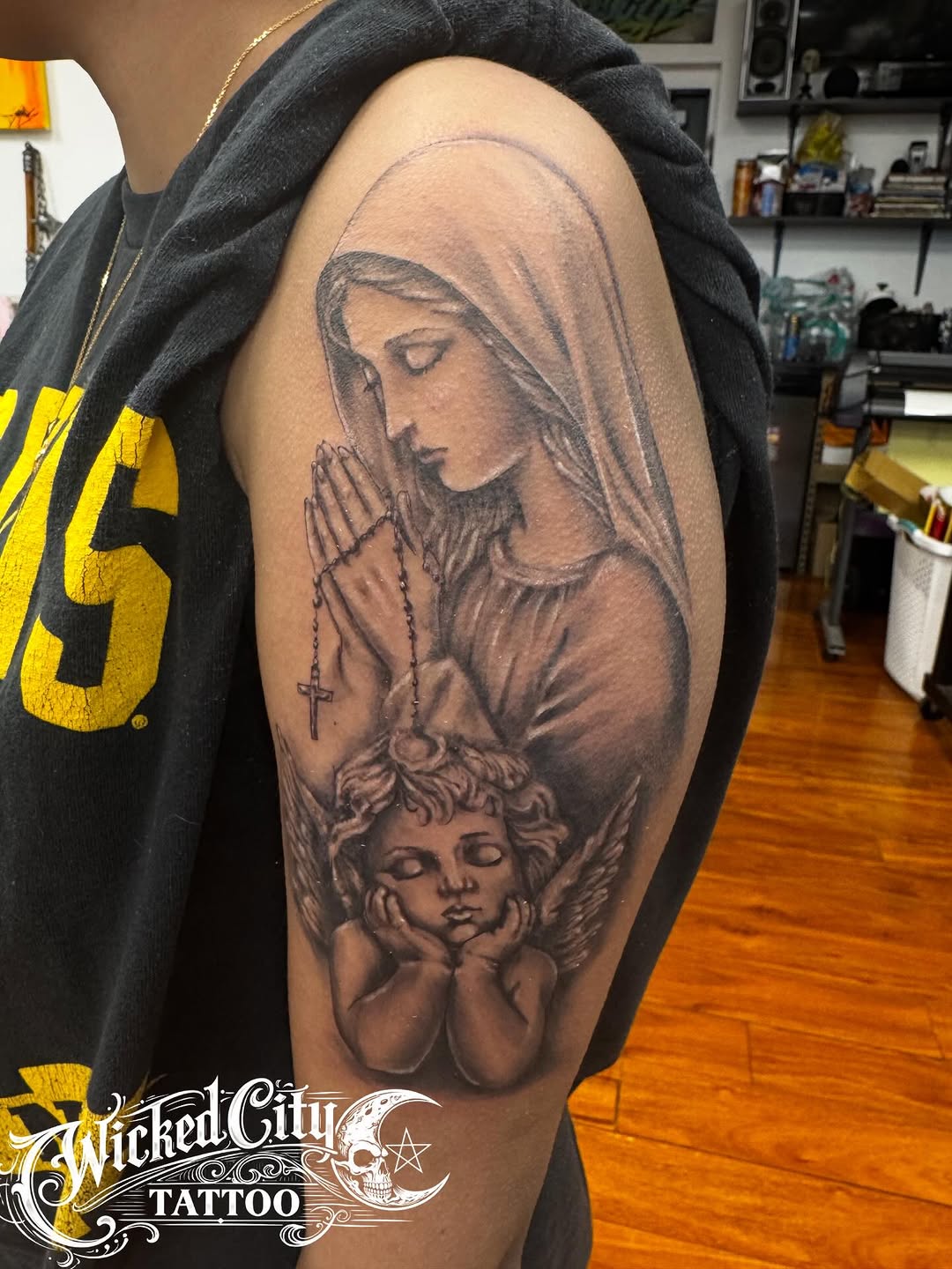 Dm to book an appointment. Tattoo by @morbidcorey_tattoo . #blackandgraytattoo #wickedcitytattoo #dipandripproteam #armtattoo #religioustattoos